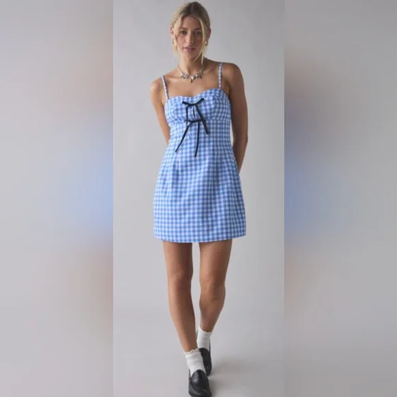 Sister Jane Blue Gingham Bow Detail Mini Dress -  www.threedaughtersproperties.com